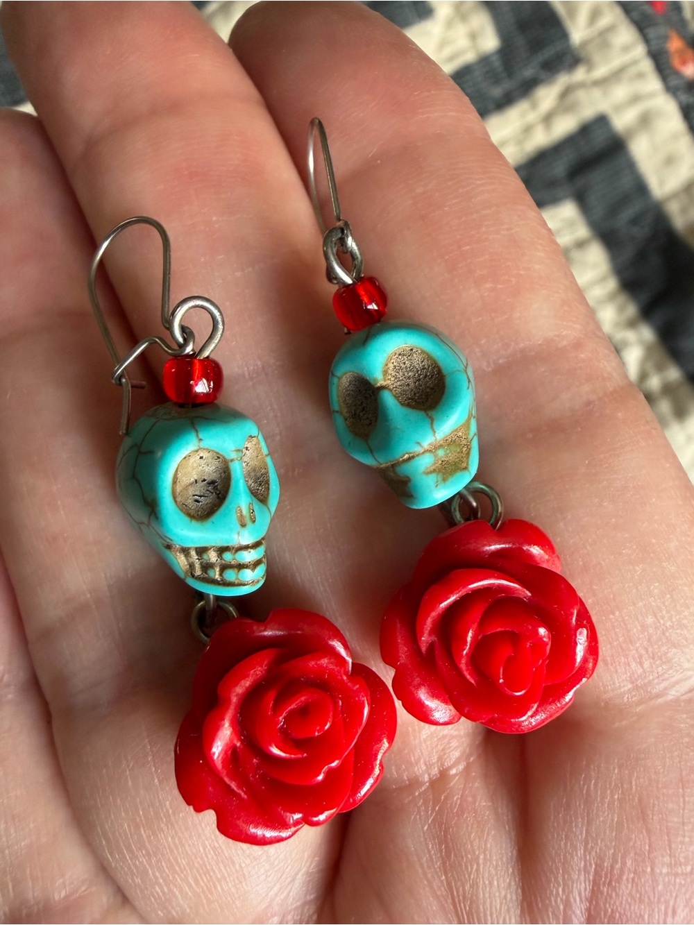 Turquoise Bead Skull & Red Rose Bead Dangle Earrings